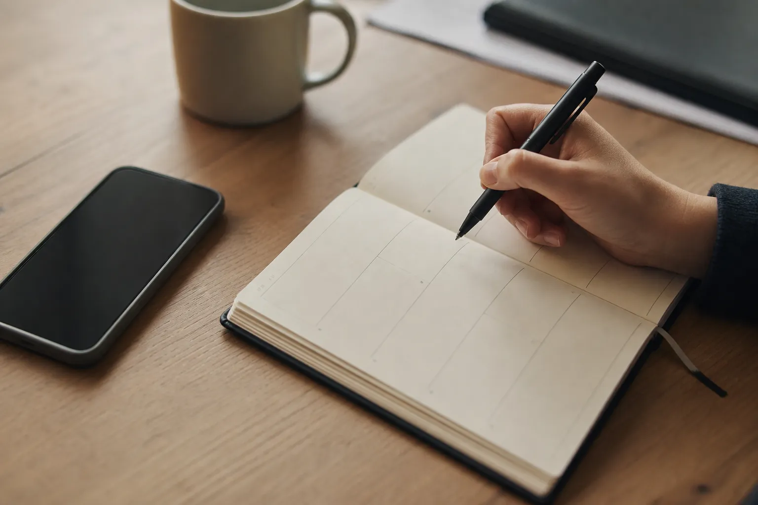 Une main inscrit un créneau au stylo dans un agenda papier ouvert.