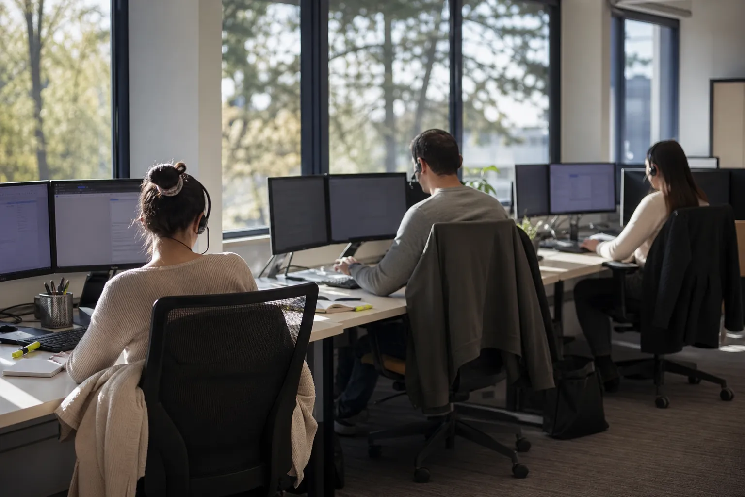 Trois postes de travail espacés dans un bureau clair, casques et carnets ouverts.