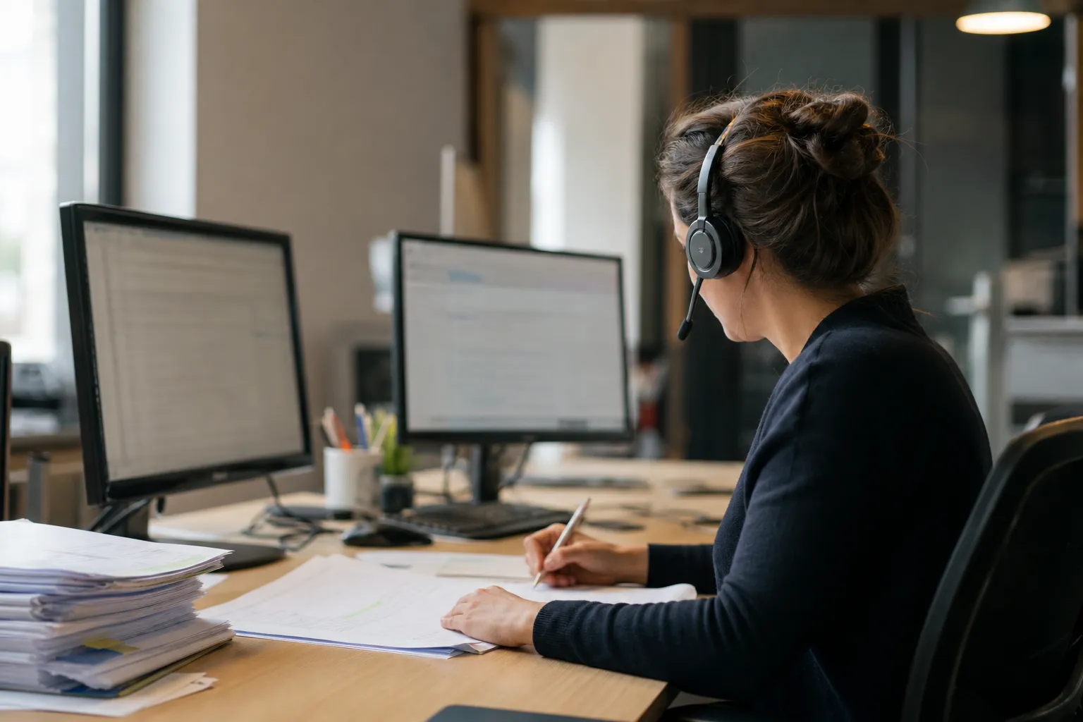Un poste de travail avec casque-micro, deux écrans de biais et des fiches annotées.