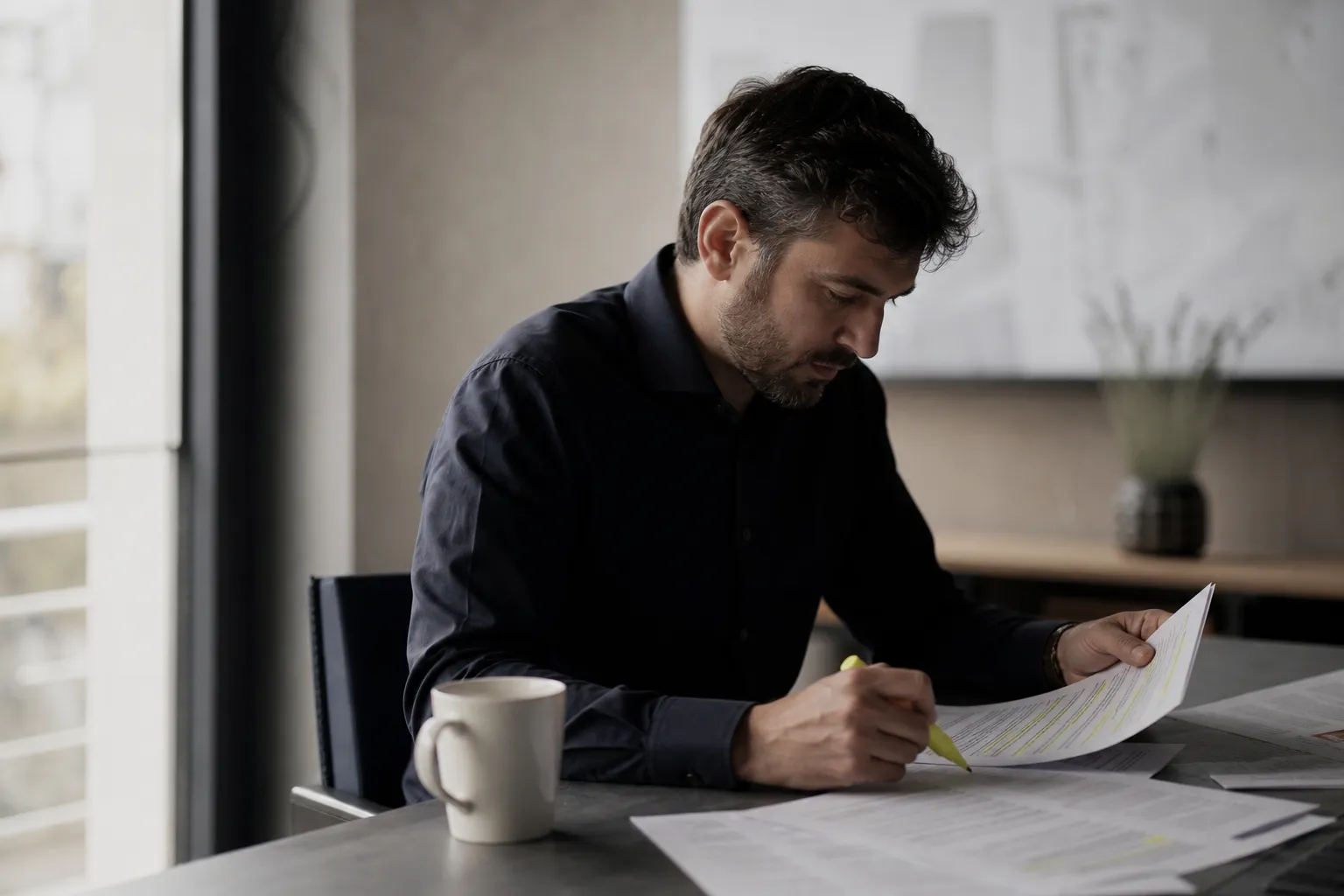 Une personne lit un document imprimé annoté au surligneur, au coin d'une table.