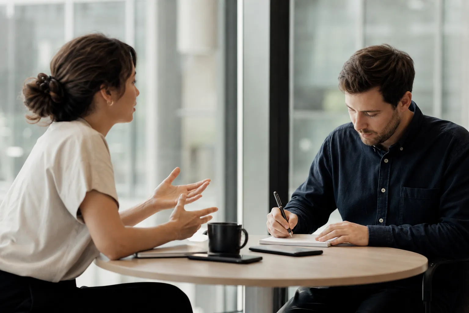 Deux personnes face à face à une table de réunion, l'une expliquant avec les mains.