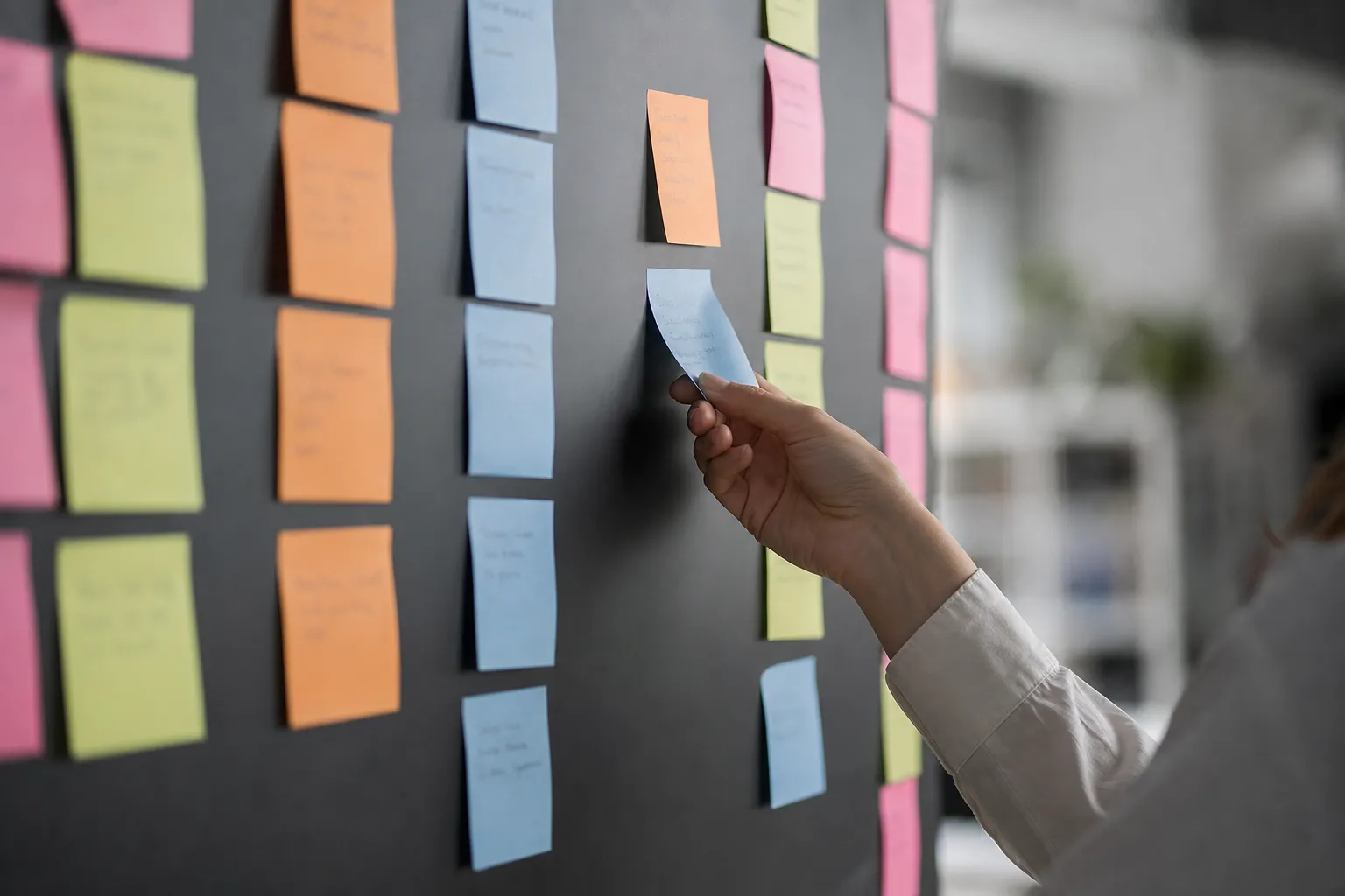 Un mur couvert de fiches adhésives de couleur disposées en colonnes.