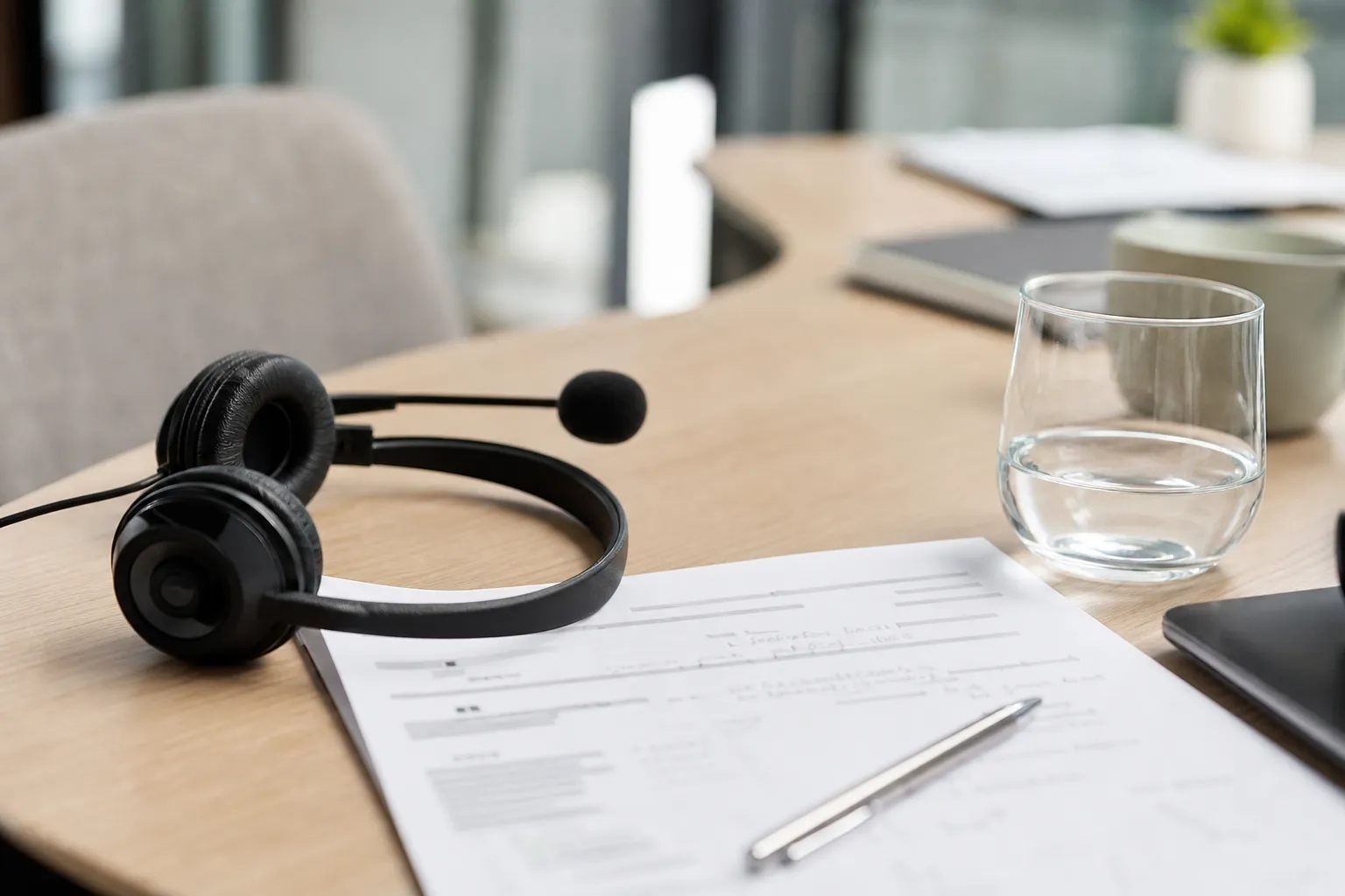 Une feuille imprimée annotée posée à côté d'un casque-micro sur un bureau clair.
