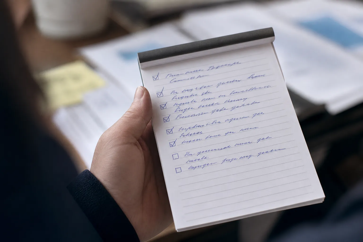 Une liste manuscrite à cases à cocher sur un bloc-notes, plusieurs cases cochées.