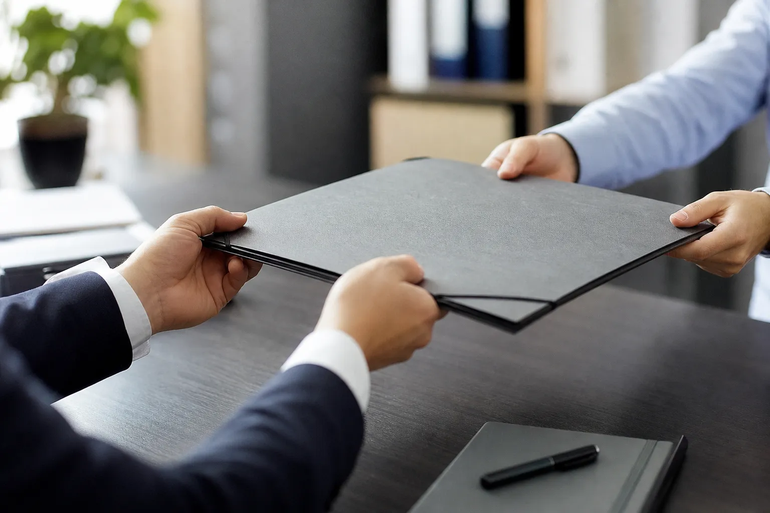 Un dossier cartonné transmis par-dessus un bureau entre deux paires de mains.