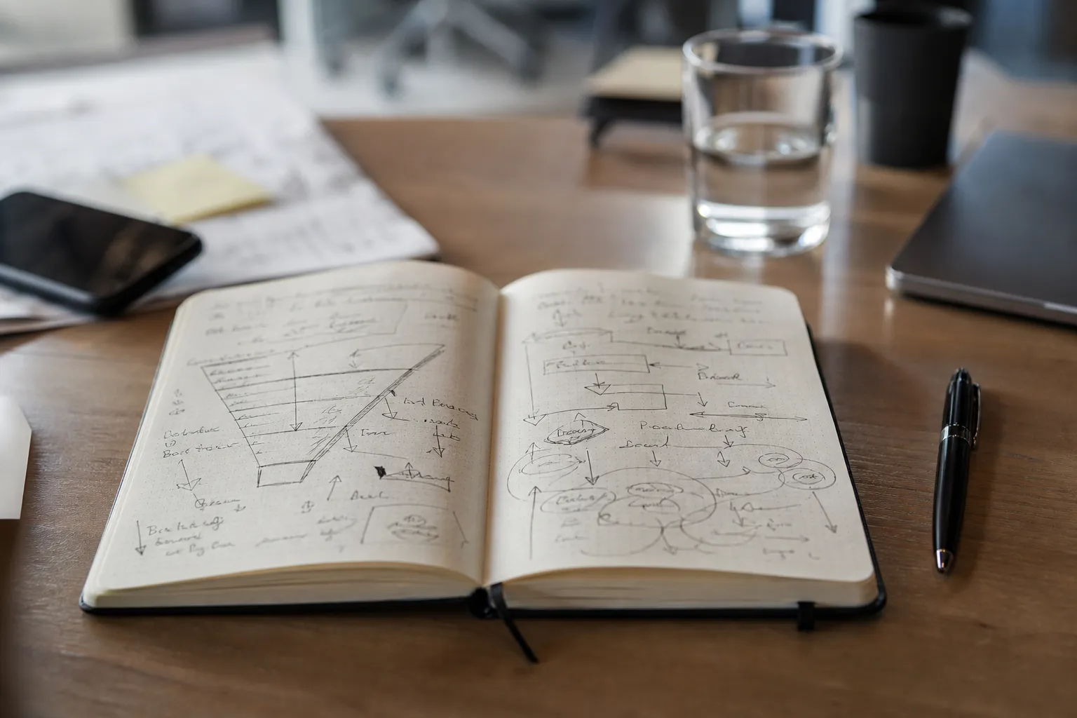 Un carnet ouvert couvert de schémas manuscrits en entonnoir et de flèches.