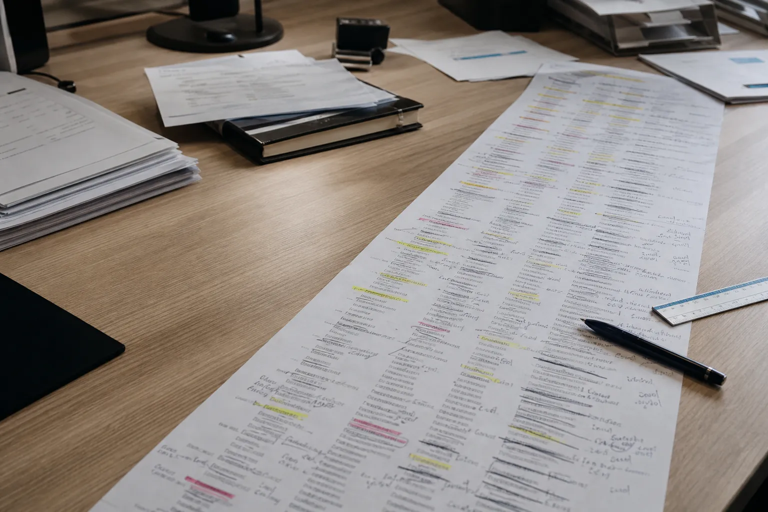 Une longue liste imprimée d'entreprises, surlignée et annotée à la main.