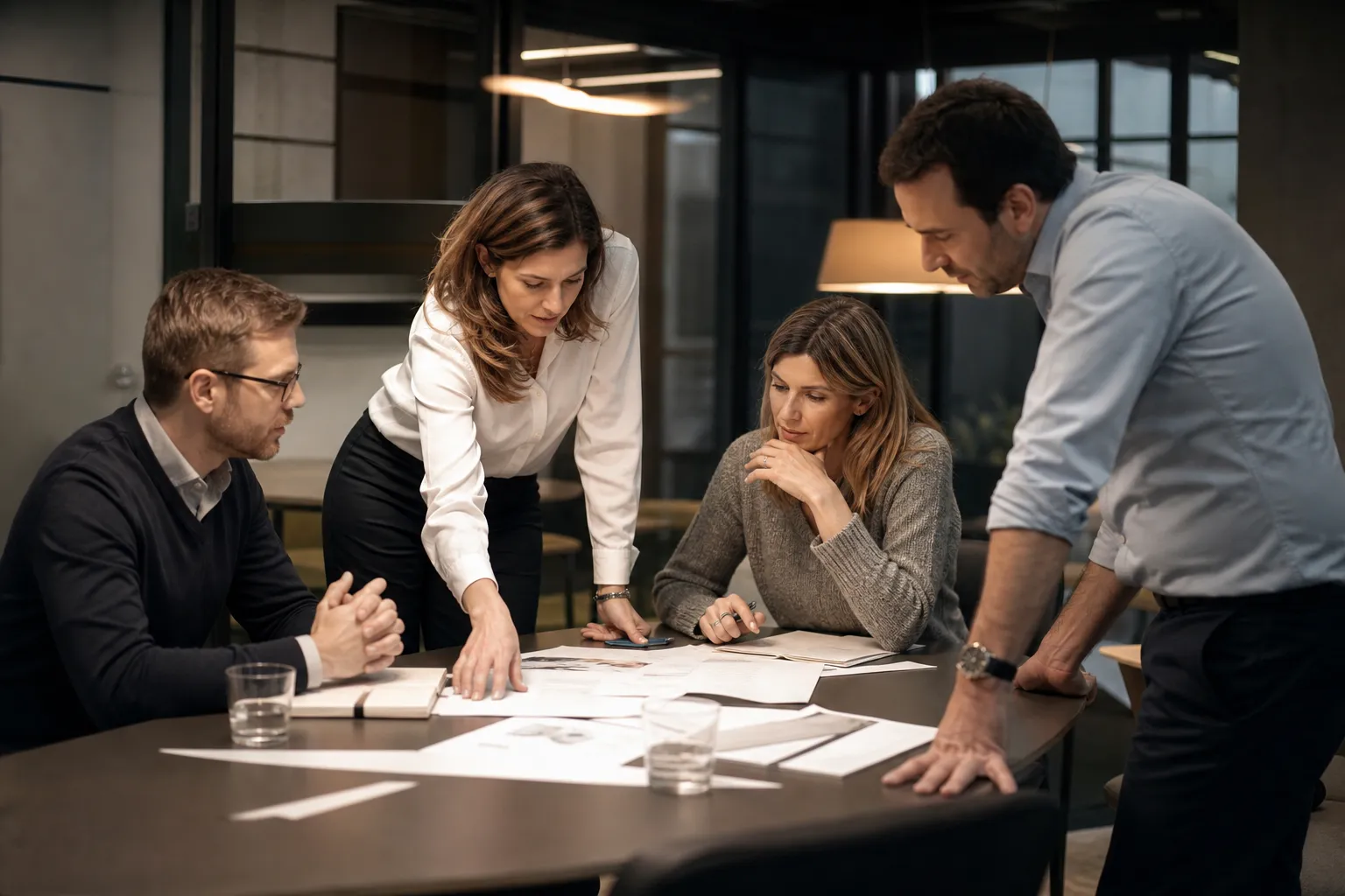 Quatre personnes autour d'une table de réunion, documents étalés, en pleine discussion.
