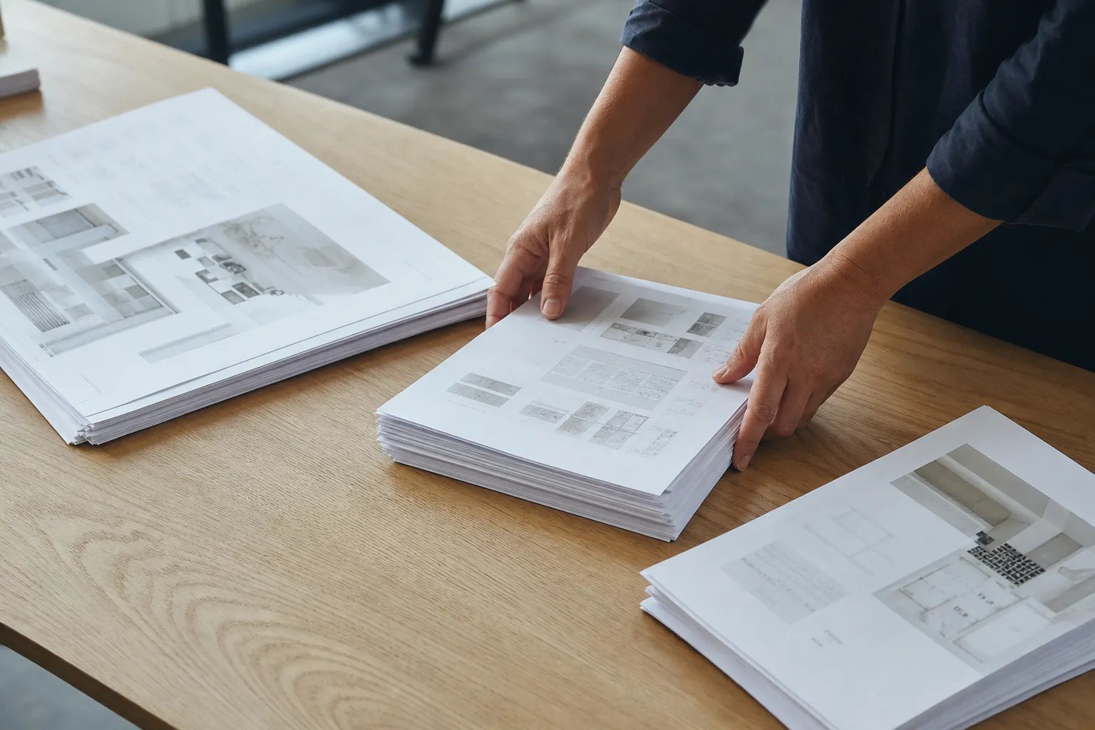 Des feuilles imprimées réparties en trois piles inégales sur une table.