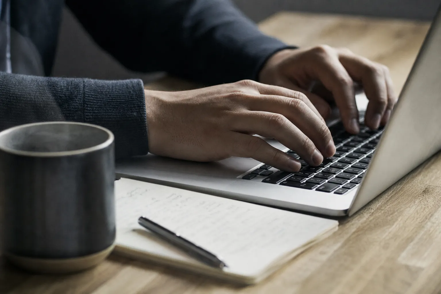 Des mains sur un clavier en cadrage serré, écran hors champ, carnet annoté à côté.