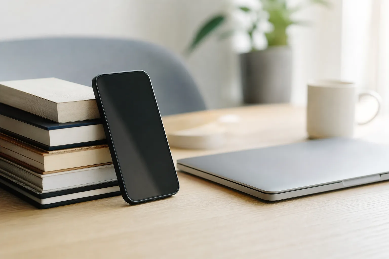 Un téléphone posé debout à côté d'un ordinateur portable fermé sur un bureau rangé.