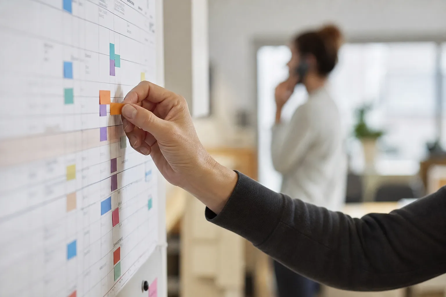 Un planning papier au premier plan, une silhouette au téléphone en arrière-plan.