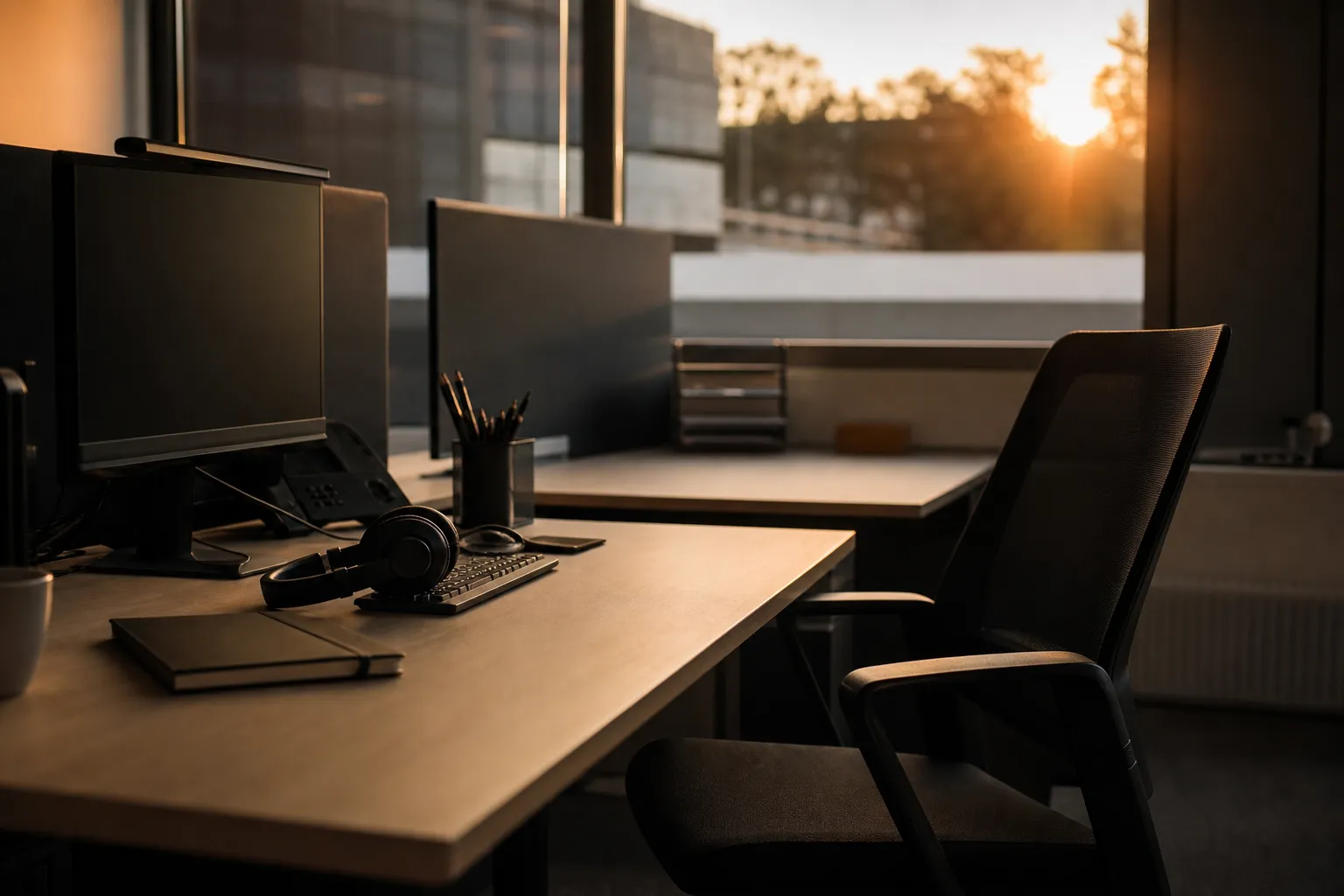 Un bureau vide en fin de journée, casque posé sur le clavier, lumière rasante.