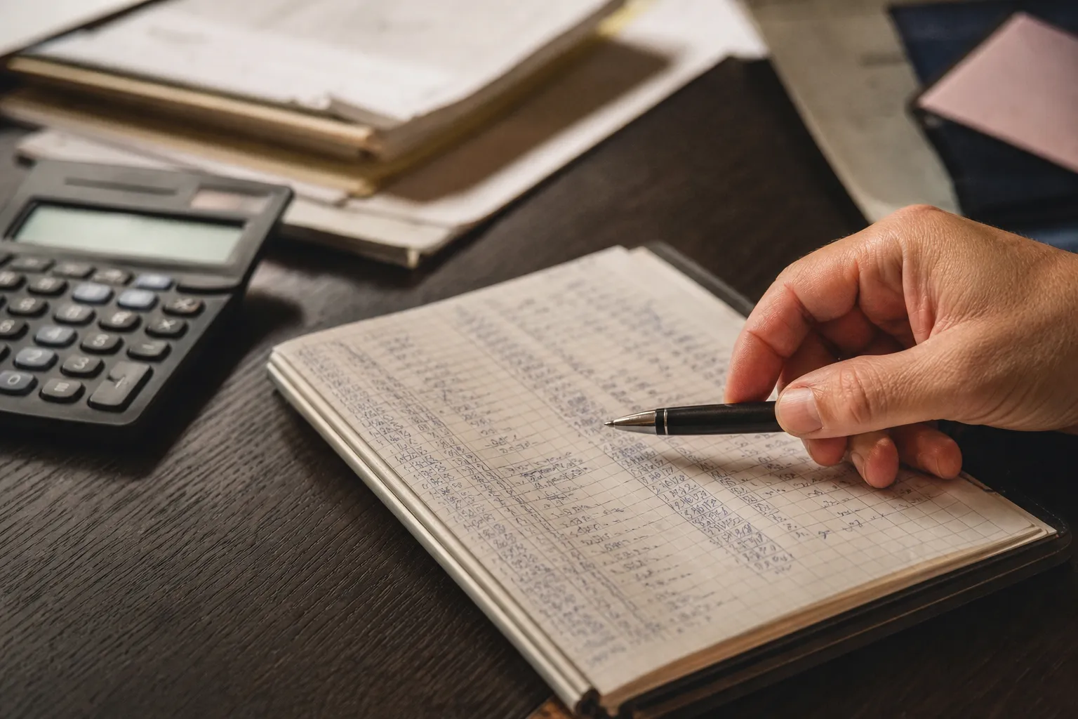 Un carnet couvert de colonnes manuscrites et une calculatrice de bureau.